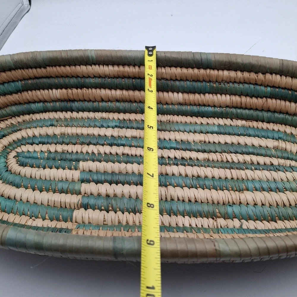 Set Of‎ 2 Hand Woven African Hausa Style Coiled Grass Nesting Baskets Green Tan